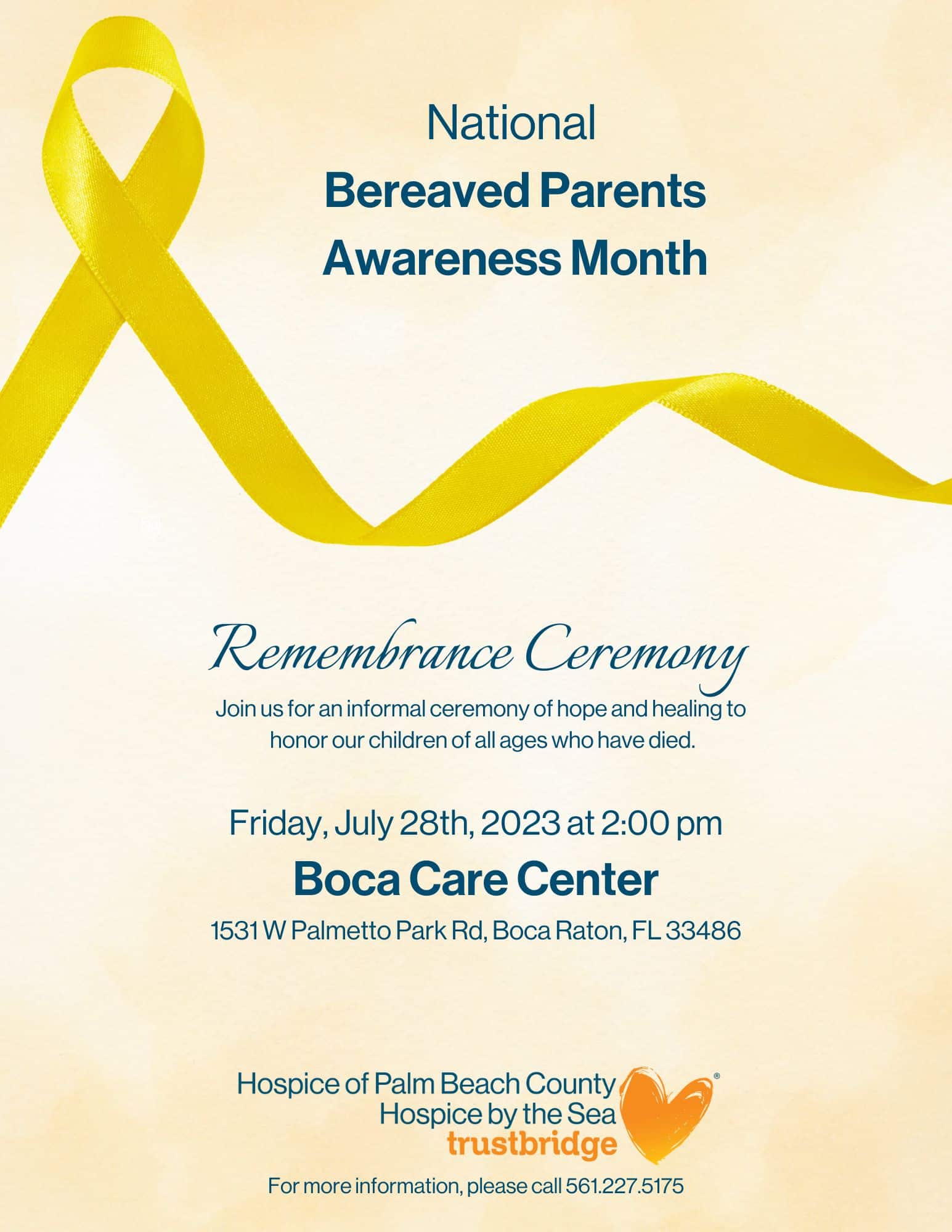 Flyer for Bereaved Parents Awareness Month event July 28